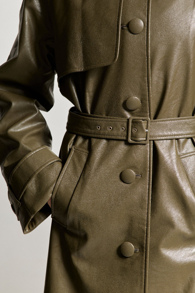 Пальто кольору хакі з еко-шкіри