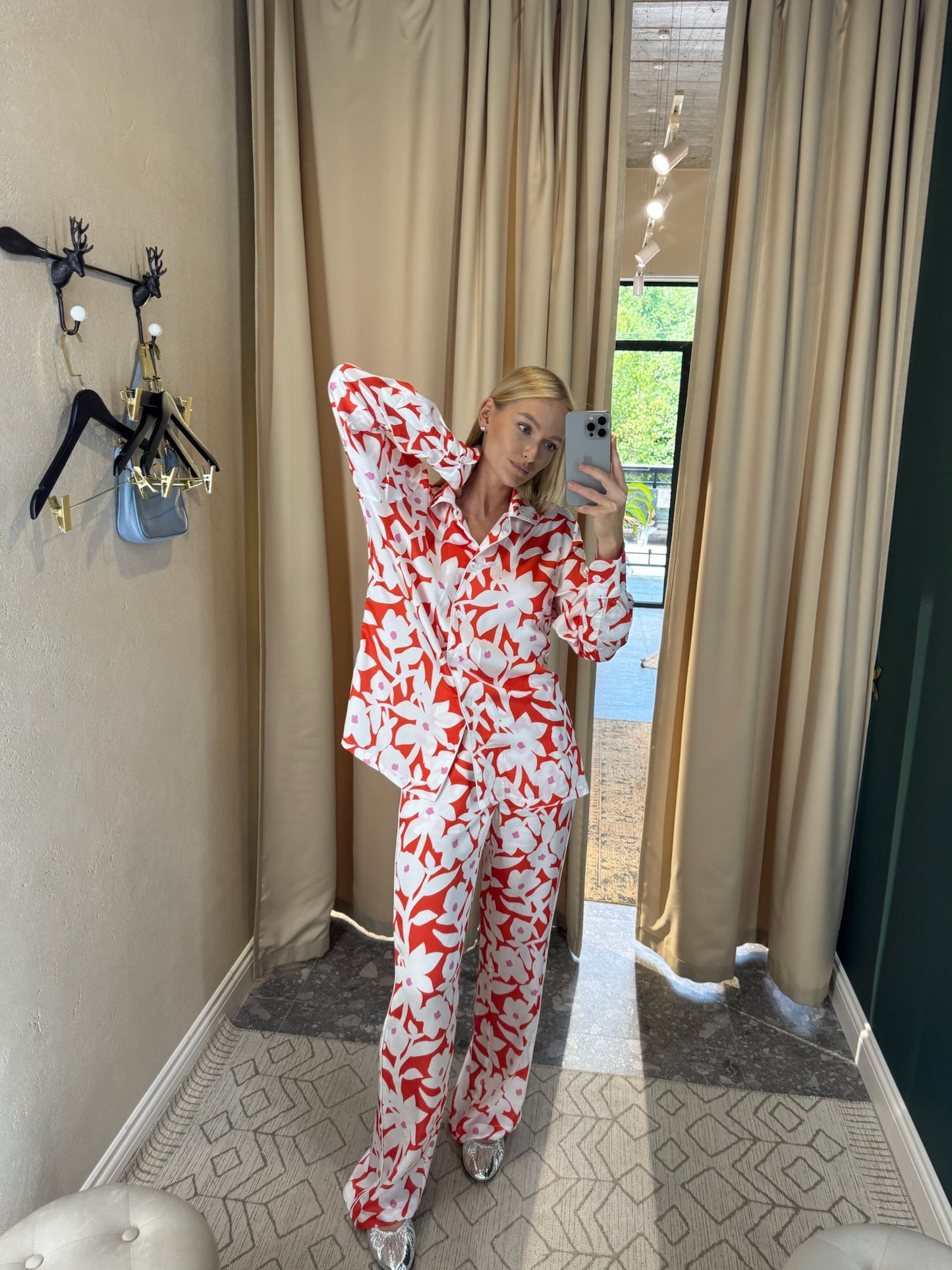 Red Silk Pants with Flowers