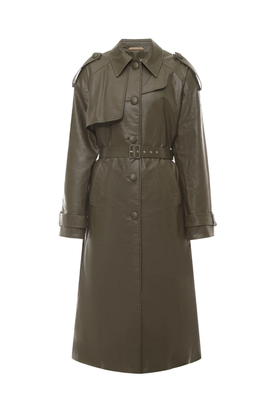 Пальто кольору хакі з еко-шкіри