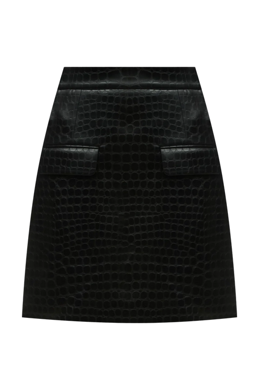 Чорна міні-спідниця з еко-шкіри під рептилію
