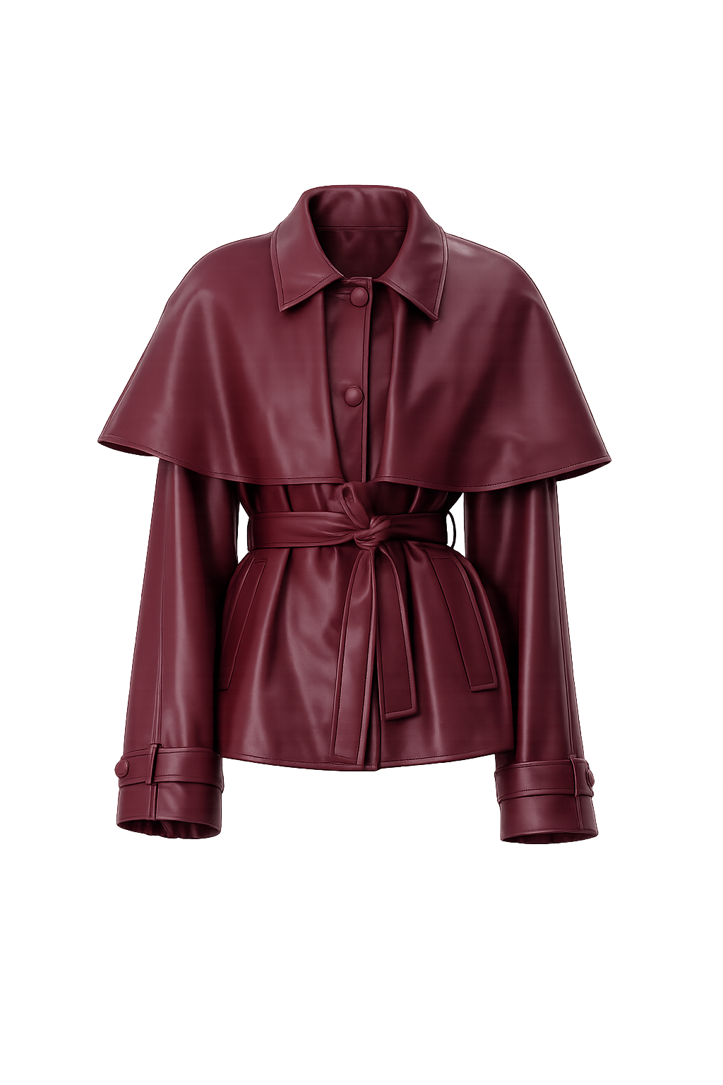Cropped burgundy eco-leather trench coat