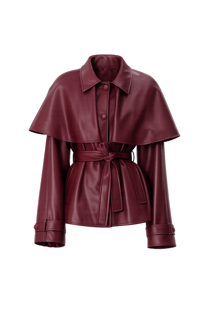 Cropped burgundy eco-leather trench coat