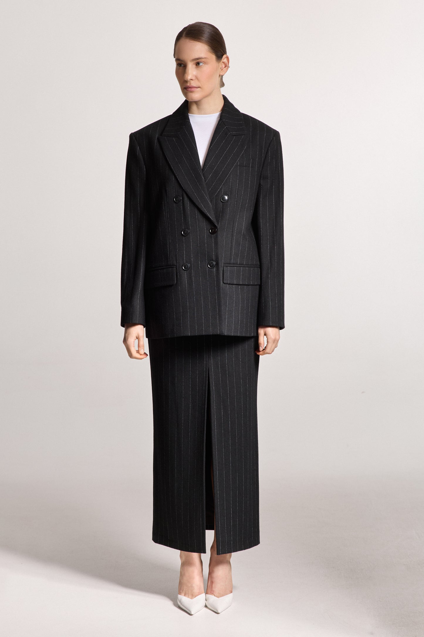 Black Wool Skirt with Thin Stripes