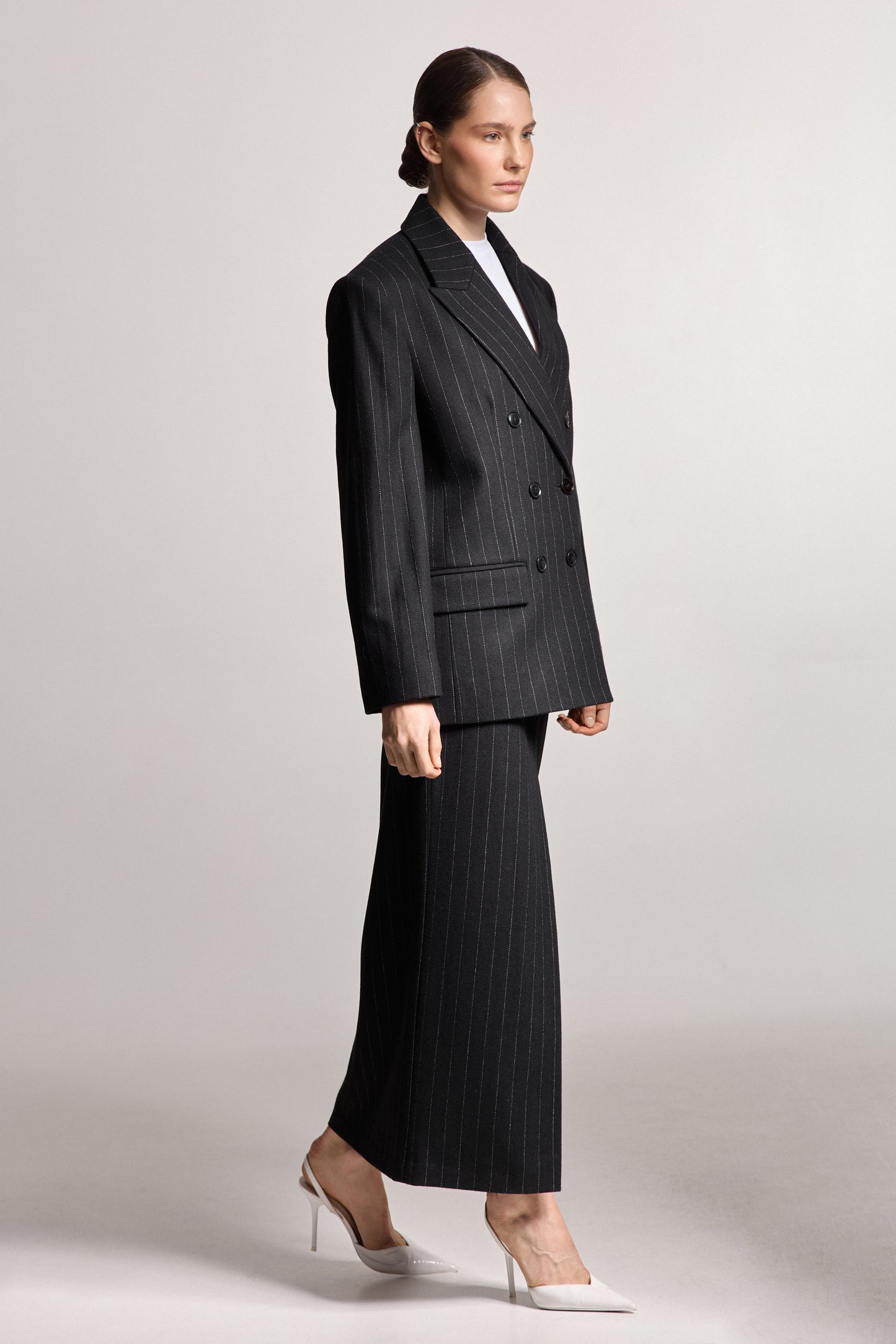 Black Wool Skirt with Thin Stripes