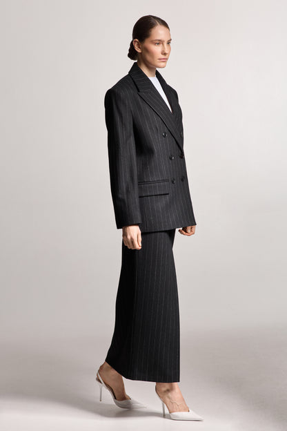 Black Wool Skirt with Thin Stripes