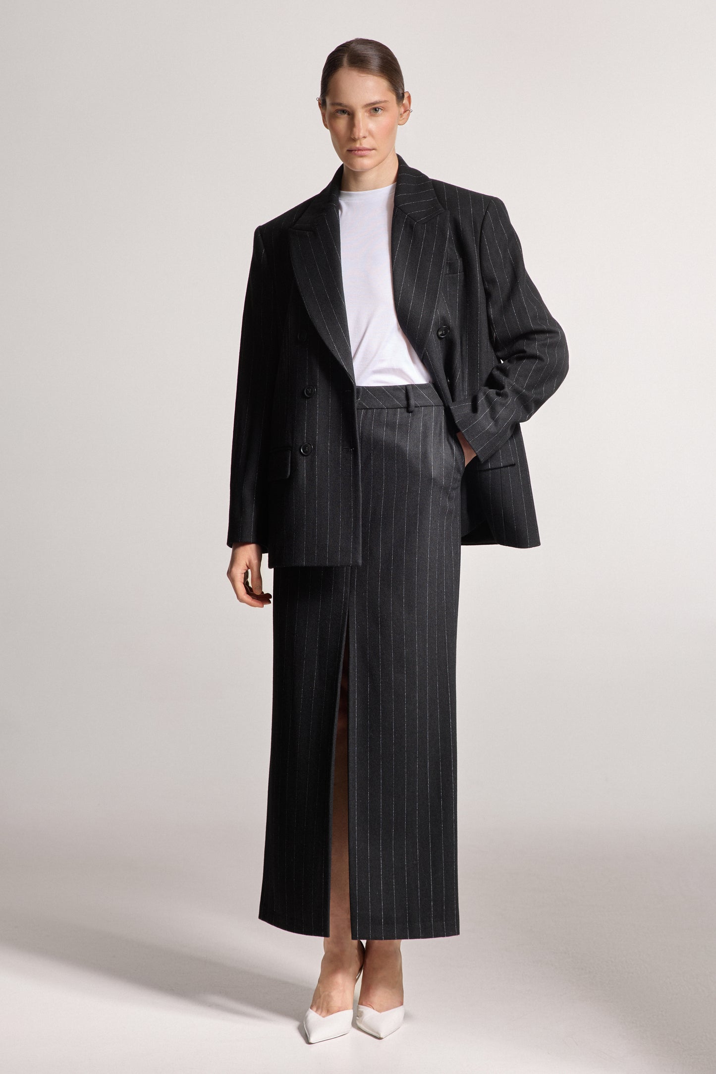 Black Wool Skirt with Thin Stripes