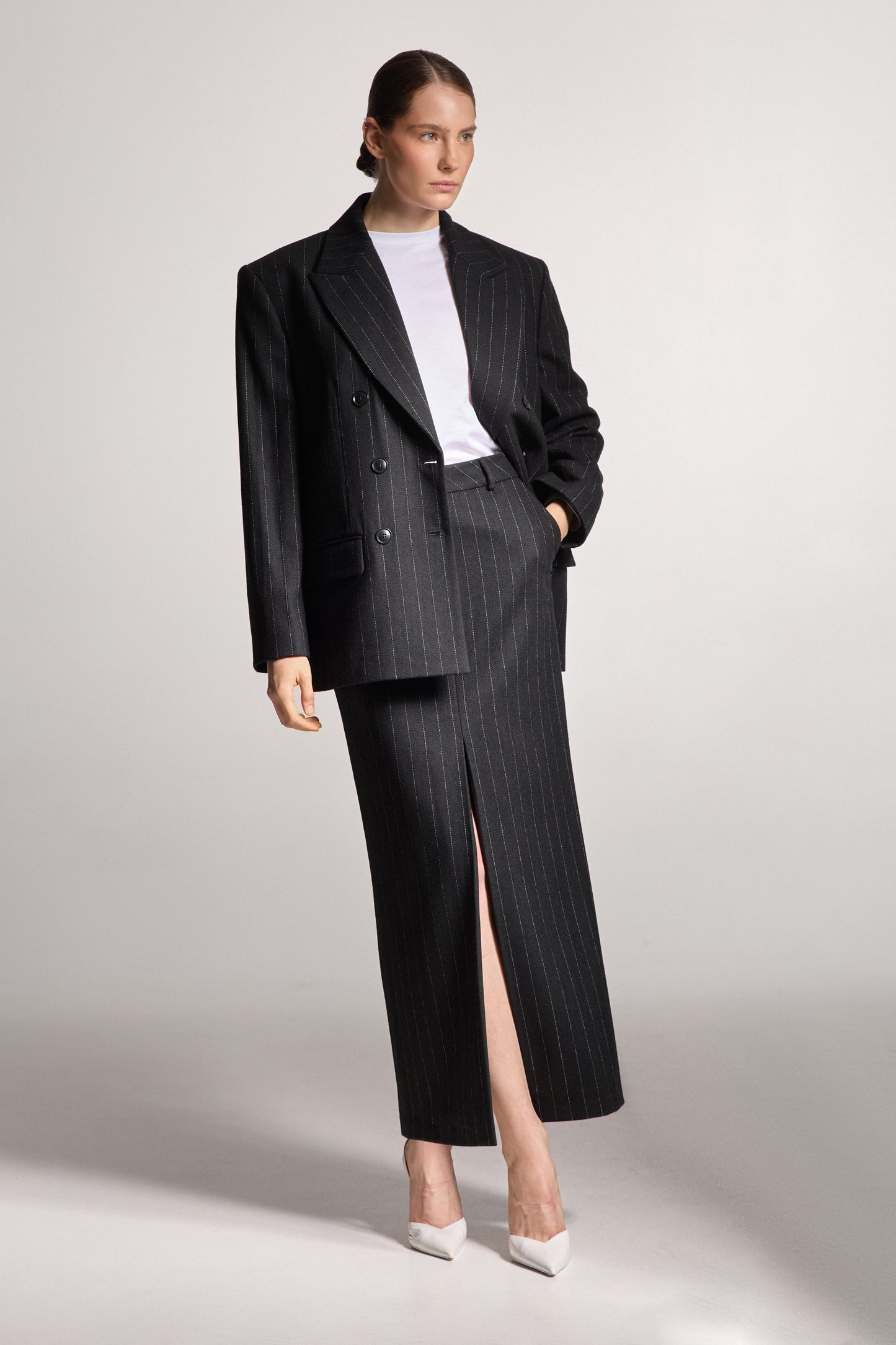 Black Wool Skirt with Thin Stripes
