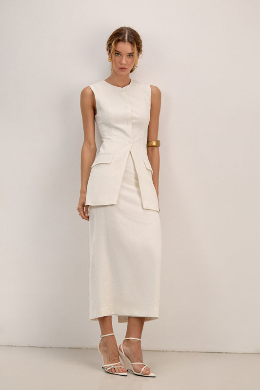 White Linen Long Vest Lina