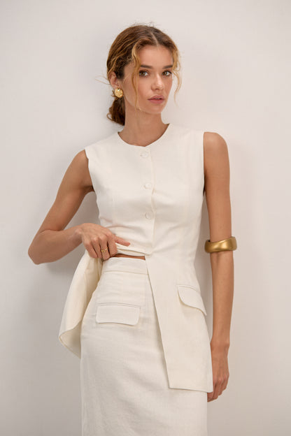 White Linen Long Vest Lina