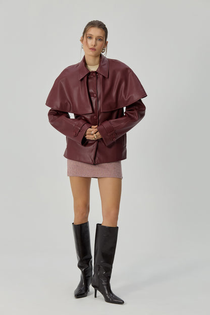 Cropped burgundy eco-leather trench coat