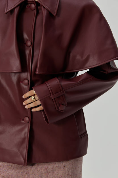 Cropped burgundy eco-leather trench coat