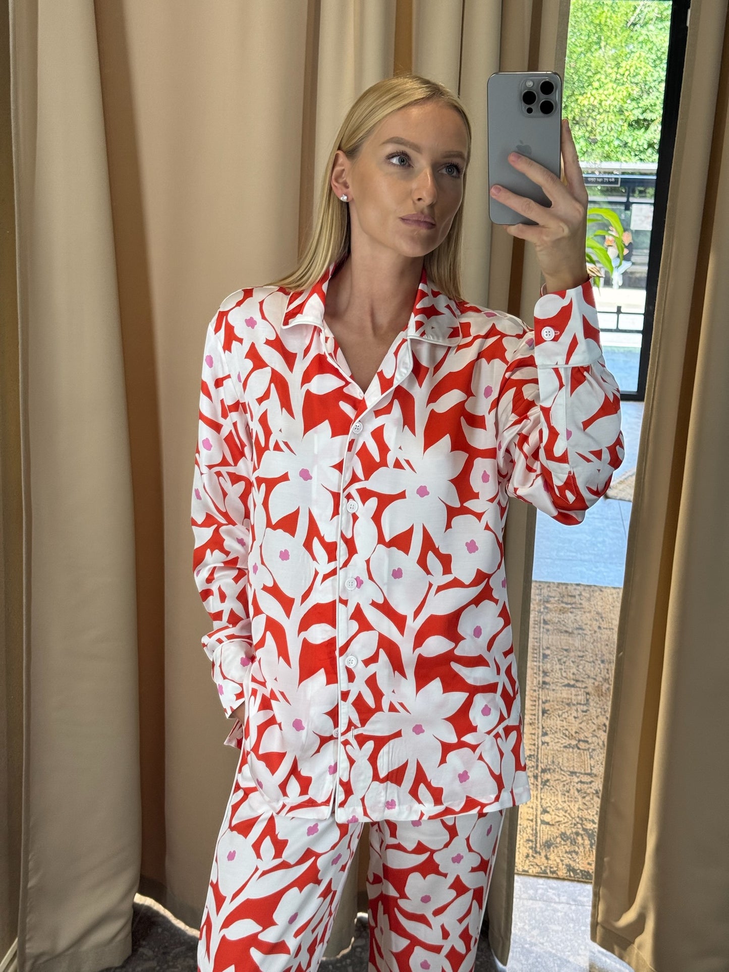 Red Silk Pants with Flowers