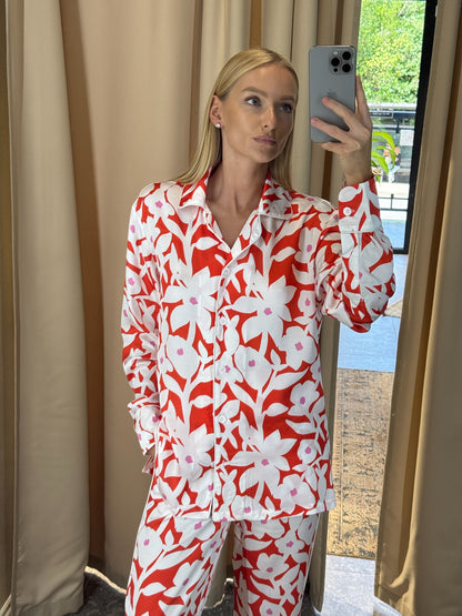Red Silk Pants with Flowers