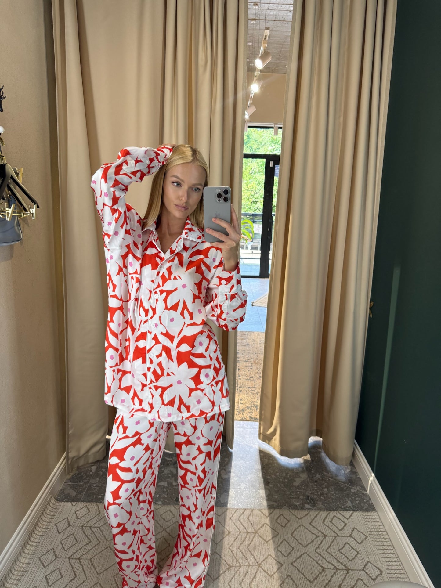 Red Silk Pants with Flowers