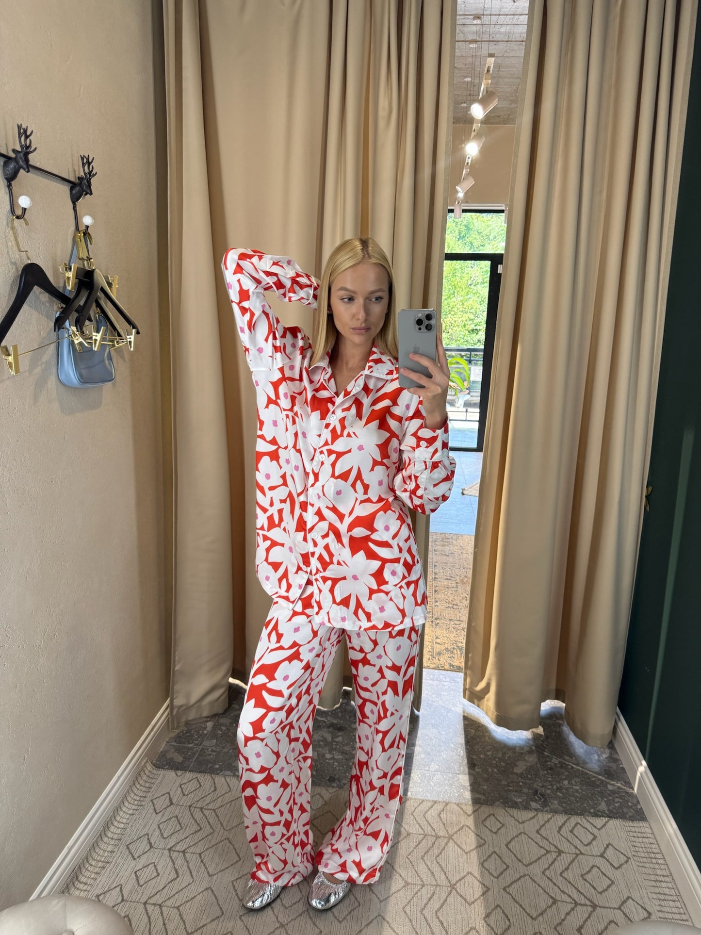 Red Silk Pants with Flowers