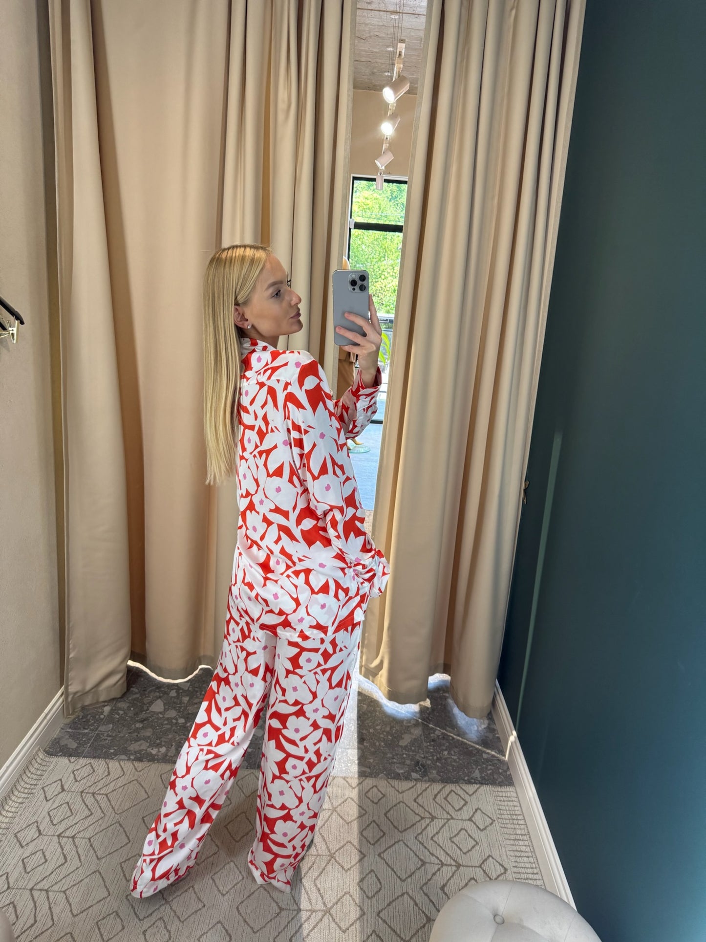 Red Silk Pants with Flowers