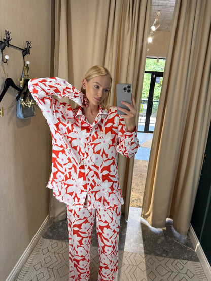 Red Silk Pants with Flowers
